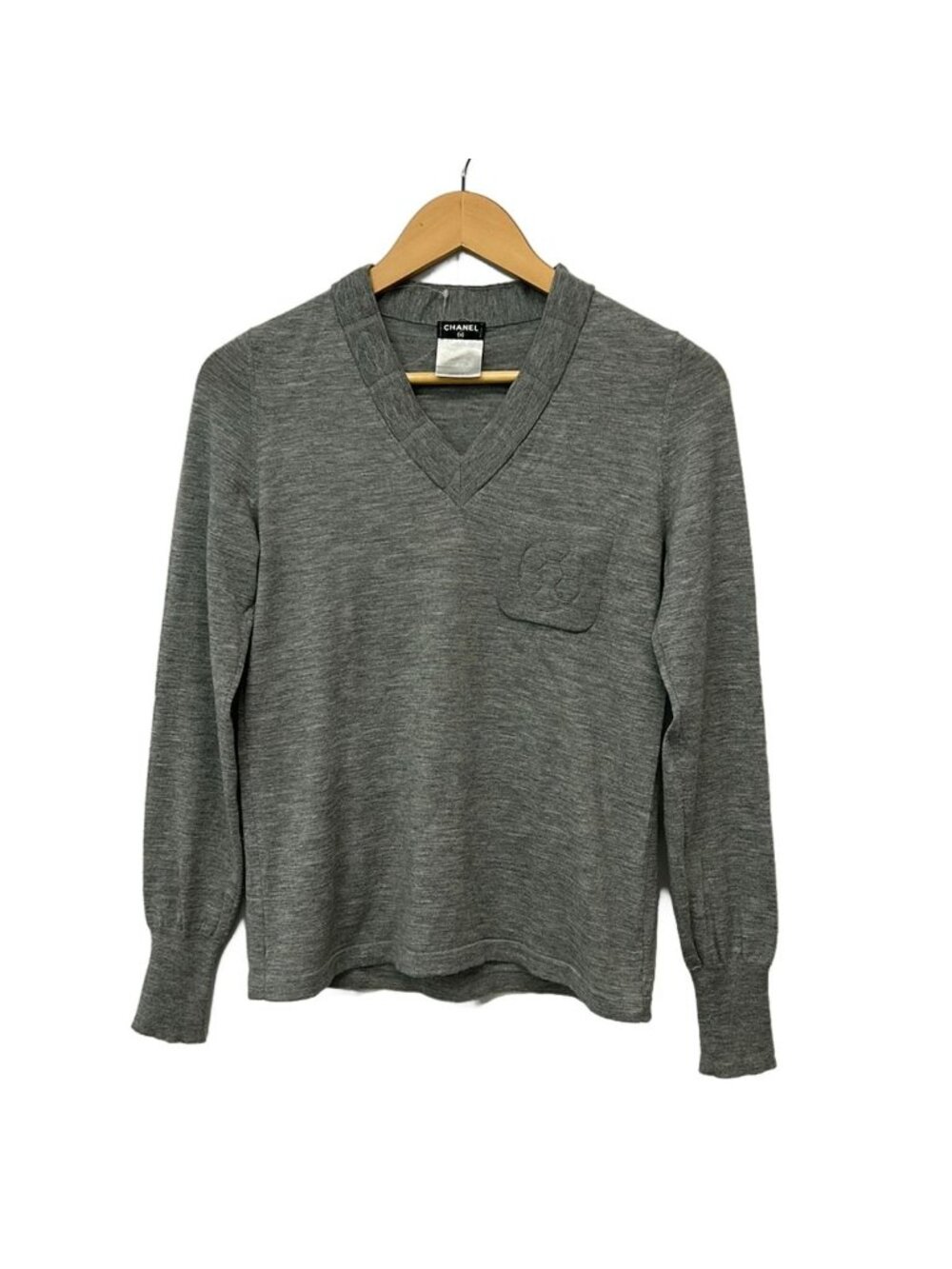Chanel Long Sleeve Sweater 36 S Light Gray Wool Camellia Cashmere
